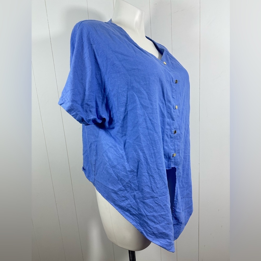 Anne Klein Sz L Women’s Linen Blend Short Sleeve Front Tie Blue Top Boho Resort - Picture 5 of 13